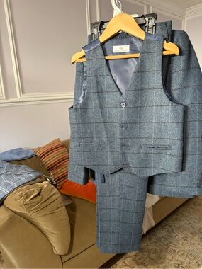 Boy's Blue Checked Waistcoat & Trouser Set - Classic Windowpane